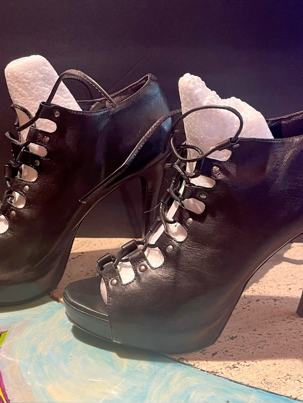 Aldo Black Lace-Up Peep-Toe High Heel Booties